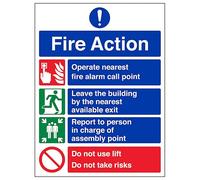 V Safety 4 Point Fire Action Notice - Do Not Use Lift 150 x 200mm - 2mm Rigid Plastic Safety Sign