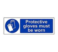 V Safety 41081AX-S Protective Gloves Must Be Worn PPE Sign - Landscape - 300mm x 100mm - Self Adhesive Vinyl, Blue