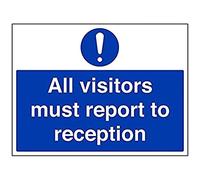 V Safety 43040BF-S All Visitor Must Be Report To Site Reception Sign - Landscape - 400mm x 300mm - Self Adhesive Vinyl, Blue