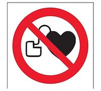 V Safety 51005AF-S No Pacemakers Logo Prohibition Sign - Square - 100mm x 100mm - Self Adhesive Vinyl, Black, Red