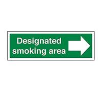 V Safety 57016AX-S Designated Smoking Area/Arrow Right Prohibition Sign - Landscape - 300mm x 100mm - Self Adhesive Vinyl, Green