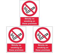 V Safety 57031BC-S Strictly No Smoking On These Premises Prohibition Sign - Portrait - 300mm x 400mm - Self Adhesive Vinyl, Black/Red (Pack of 3)