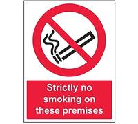 V Safety 57031BC-S Strictly No Smoking On These Premises Prohibition Sign - Portrait - 300mm x 400mm - Self Adhesive Vinyl, Black/Red