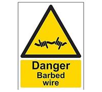 V Safety 63008AN-R Danger Barbed Wire Sign - Portrait - 150mm x 200mm - 1mm Rigid Plastic, Black/Yellow