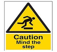 V Safety 63013BC-S Caution Mind The Step Sign - Portrait - 300mm x 400mm - Self Adhesive Vinyl, Black/Yellow