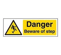 V Safety 63032AX-S Danger Beware Of Step Sign - Landscape - 300mm x 100mm - Self Adhesive Vinyl, Black/Yellow