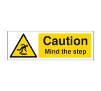 V Safety 63033AX-R Caution Mind The Step Sign - Landscape - 300mm x 100mm - 1mm Rigid Plastic, Black/Yellow