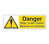 V Safety 64013BJ-R'Danger Stop, Look, Listen/Beware Vehicles' Sign, 450 mm x 150 mm (Pack of 3)
