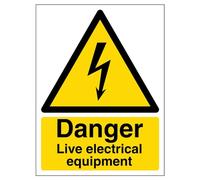 V Safety 68021AN-R Danger, Live Electrical Equipment Warning Sign - Portrait - 150mm x 200mm - 1mm Rigid Plastic, Black/Yellow