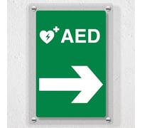 V Safety AED Arrow Right - 200 x 300 mm - Acrylic Perspex Cast Clear Safety Sign