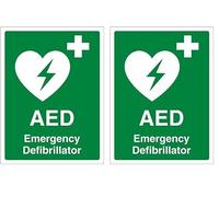 V Safety AED Emergency Defibrillator 150 x 200 mm - Self Adhesive Vinyl - Aluminium Effect Safety Sign (Pack of 2)