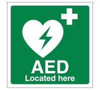 V Safety AED Located Here 150 x 150 mm - 2mm Rigid Plastic Safety Sign