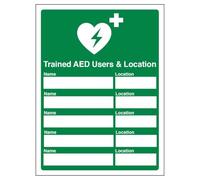 V Safety AED Trained AED Users 150 x 200 mm - Glow In The Dark 1mm Rigid Plastic Safety Sign