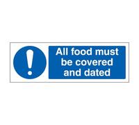 V Safety All Food Must Be Covered And Dated - Landscape 300 x 100 mm - Glow In The Dark Self Adhesive Vinyl Safety Sign