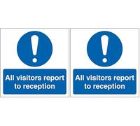 V Safety All Visitors Report To Reception 150 x 150 mm - Glow In The Dark Self Adhesive Vinyl Safety Sign (Pack of 2)