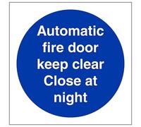V Safety Automatic Fire Door Close At Night 150 x 150 mm - 2mm Rigid Plastic Safety Sign