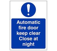 V Safety Automatic Fire Door Close At Night - Portrait 100 x 150 mm - 3mm Aluminium Composite Safety Sign