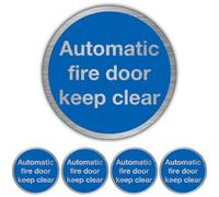 V Safety Automatic Fire Door Keep Clear Sign with Self Adhesive Backing - 75mm Round Aluminium Safety Sign Made in UK - Mandatory Blue Design - 0.5mm Metal - Single Sign or Packs of 5, 10, 20 (5)