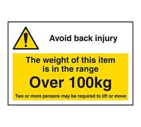 V Safety Avoid Back Injury - Weight Of This Item Over 100kg Sticker - 75x50mm (Roll of 250)