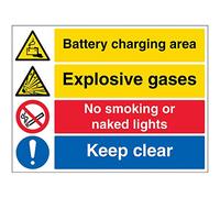 V Safety Battery Charging/Explosive/No Smoking/Keep Clear-400x300mm - Self Adhesive Vinyl