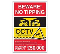 V Safety Beware! No Tipping/CCTV/Fly Tipping Is An Offence/Max Penalty £50,000 150 x 200 mm - 3mm Brushed Aluminium Composite Safety Sign