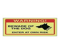 V Safety Beware Of The Dog, Enter At Own Risk Sign - 150mm x 100mm - Keep Out - Photoluminescent Self Adhesive Vinyl