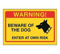 V Safety Beware Of The Dog, Enter At Own Risk Sign - 150mm x 100mm - Yellow Self Adhesive Vinyl