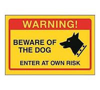 V Safety Beware Of The Dog, Enter At Own Risk Sign - 200mm x 150mm - 1mm Yellow Rigid Plastic