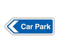 V Safety Car Park Arrow Left - Blue Landscape - Shaped Sign 300 x 100 mm - 3mm Brushed Aluminium Composite