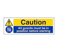 V Safety Caution All Guards Must Be In Position Before Starting - Landscape 300 x 100 mm - Glow In The Dark 1mm Rigid Plastic Safety Sign