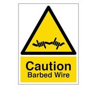 V Safety Caution Barbed Wire - Portrait 150 x 200mm - 1mm Rigid Plastic Safety Sign