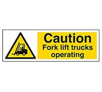 V Safety Caution Fork Lift Trucks Operating Warning Sign - 300mm x 100mm - Self Adhesive Vinyl