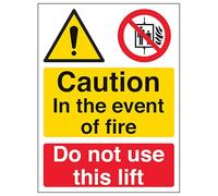 V Safety Caution In The Event Of Fire Do Not Use This Lift - Portrait 150 x 200 mm - Self Adhesive Vinyl - Aluminium Effect Safety Sign
