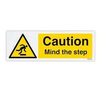 V Safety Caution Mind The Step - Landscape Safety Sign - 300 x 100 mm - Economy 0.5mm Polypropylene Sign with Mount Film