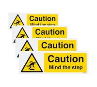 V Safety Caution Mind The Step - Landscape Safety Sign - 300 x 100 mm - Economy 0.5mm Polypropylene Sign with Mount Film (Pack of 4)