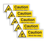 V Safety CAUTION MIND THE STEP Safety Sign - Highly Visible and Durable Self-Adhesive Vinyl - 300mm x 100mm (Pack of 5)