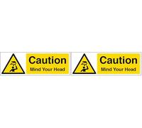 V Safety Caution Mind Your Head - Landscape 300 x 100 mm - 2mm Rigid Plastic Safety Sign (Pack of 2)
