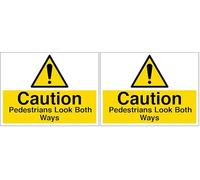 V Safety Caution Pedestrians Look Both Ways - Large Landscape 400 x 300 mm - Self Adhesive Vinyl Safety Sign (Pack of 2)