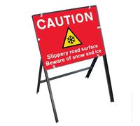 V Safety Caution: Slippery Road Surface - Beware of Snow and Ice Sign with Stanchion Frame - High-Visibility Winter Safety Signage