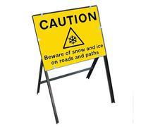 V Safety Caution: Slippery Surface - Beware of Snow and Ice on Roads and Paths Sign with Stanchion Frame - High-Visibility Winter Safety Signage