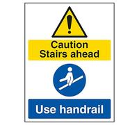 V Safety Caution Stairs Ahead/Use Handrail 200 x 300 mm - Glow In The Dark 1mm Rigid Plastic Safety Sign