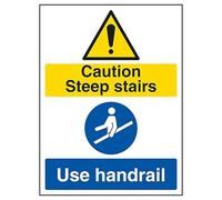 V Safety Caution Steep Stairs/Use Handrail 150 x 200 mm - 3mm Brushed Aluminium Composite Safety Sign