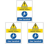 V Safety Caution Steep Stairs/Use Handrail 150 x 200 mm - Self Adhesive Vinyl Safety Sign (Pack of 3)