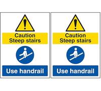 V Safety Caution Steep Stairs/Use Handrail 200 x 300 mm - Self Adhesive Vinyl Safety Sign (Pack of 2)