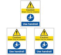 V Safety Caution Steps May Be Slippery/Use Handrail 150 x 200 mm - Self Adhesive Vinyl Safety Sign (Pack of 3)