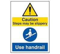 V Safety Caution Steps May Be Slippery/Use Handrail 200 x 300mm - 2mm Rigid Plastic Safety Sign