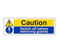 V Safety Caution Switch Off Before Removing Guards - Landscape 300 x 100 mm - Glow In The Dark Self Adhesive Vinyl Safety Sign