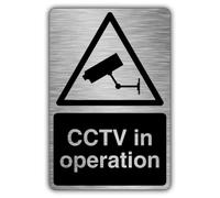 V Safety CCTV In Operation - Black Safety Sign - 200 x 300 mm - 3mm Brushed Aluminium Composite