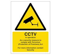 V Safety CCTV in Operation - Comply with Terrorism Act - Contact Security 300 x 400 mm - 2mm Super-Tough Rigid Plastic