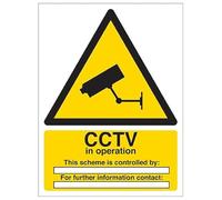 V Safety CCTV In Operation - Scheme Is Controlled By 150 x 200 mm - Glow In The Dark 1mm Rigid Plastic Safety Sign